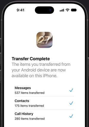 iPhone screen showing Move to iOS App with transfer complete
